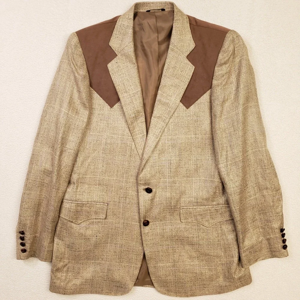Grand Entry Sport Coat Mens 42L Tan Western Suede Yoke Windowpane Tweed Blazer